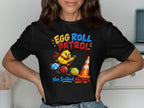 Black t-shirt with "Egg Roll Patrol" text, a chick, Easter eggs, and a traffic cone.