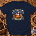 Navy blue t-shirt featuring a graphic with a traffic cone, wooden tea crates, and text reading Boston Tea Party, Nae Scotland, Nae Party.