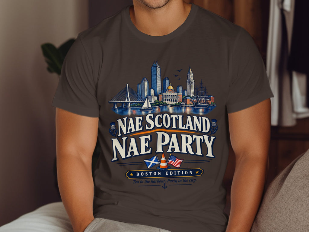 T-shirt with Boston skyline, Nae Scotland Nae Party text, and Scottish and US flags.