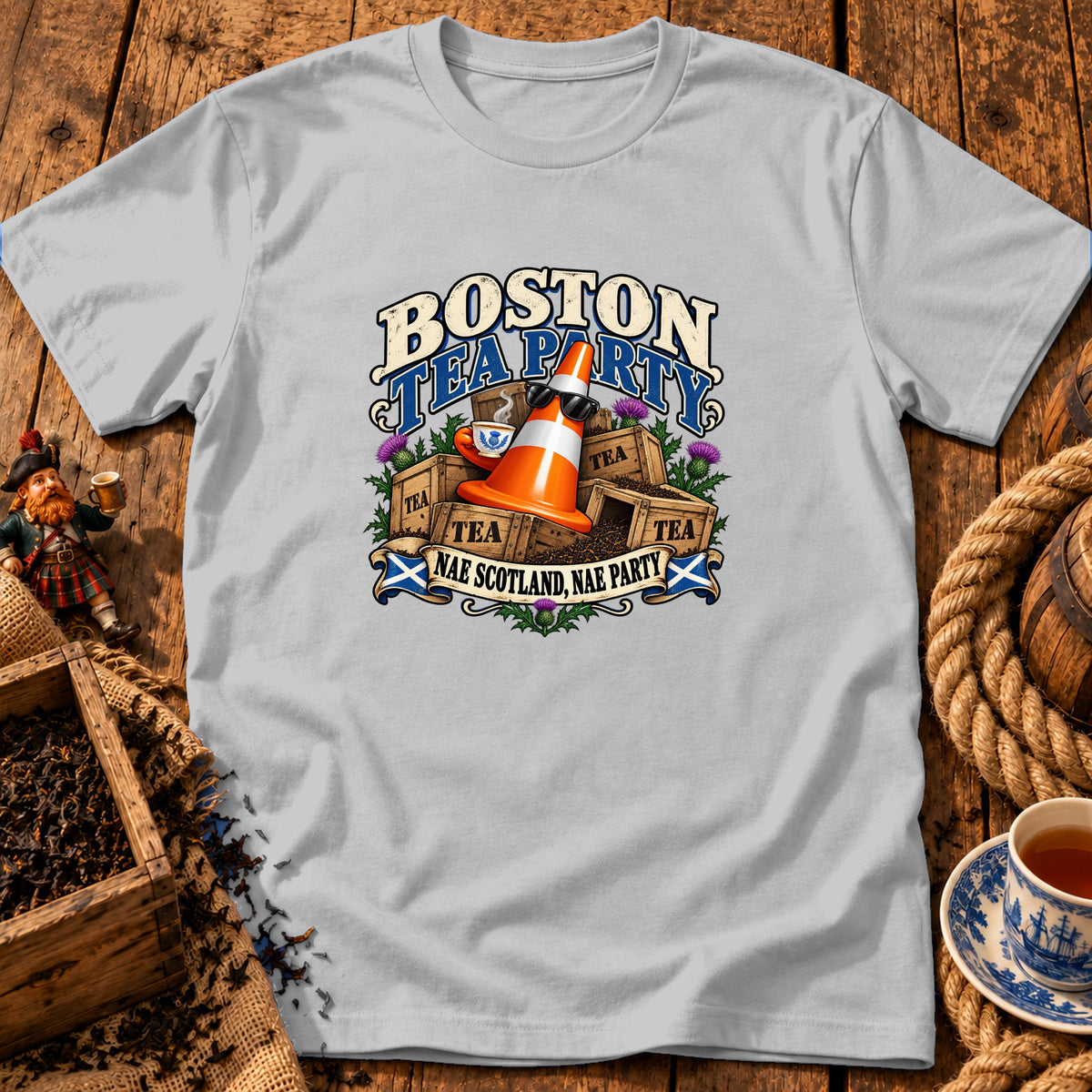 Light grey t-shirt featuring a humorous graphic of a traffic cone drinking tea amidst wooden tea crates.
