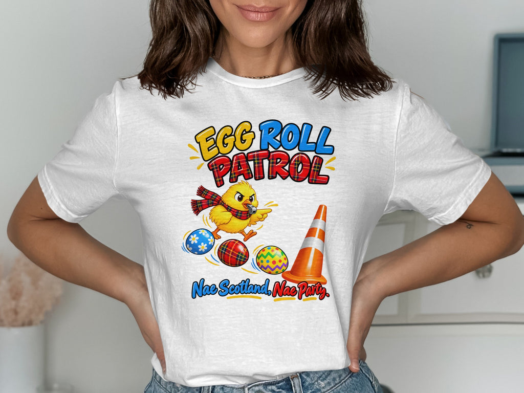 Yellow chick with scarf, eggs, traffic cone, and text "Egg Roll Patrol Nae Scotland, Nae Party."