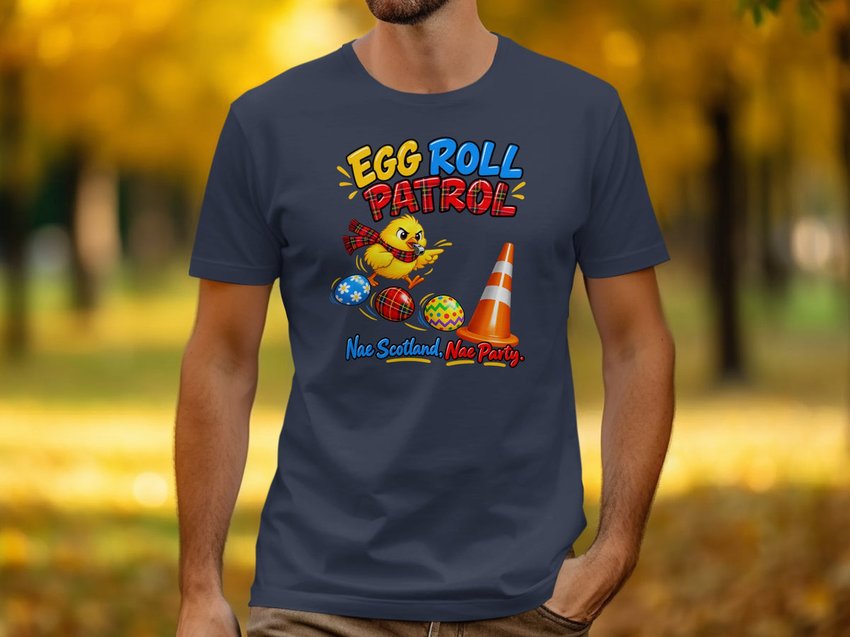 T-shirt with "Egg Roll Patrol" text, chick, eggs, and traffic cone design.