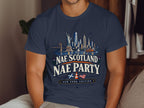 Navy t-shirt with New York skyline, Statue of Liberty, and text "NAE SCOTLAND NAE PARTY NEW YORK EDITION".
