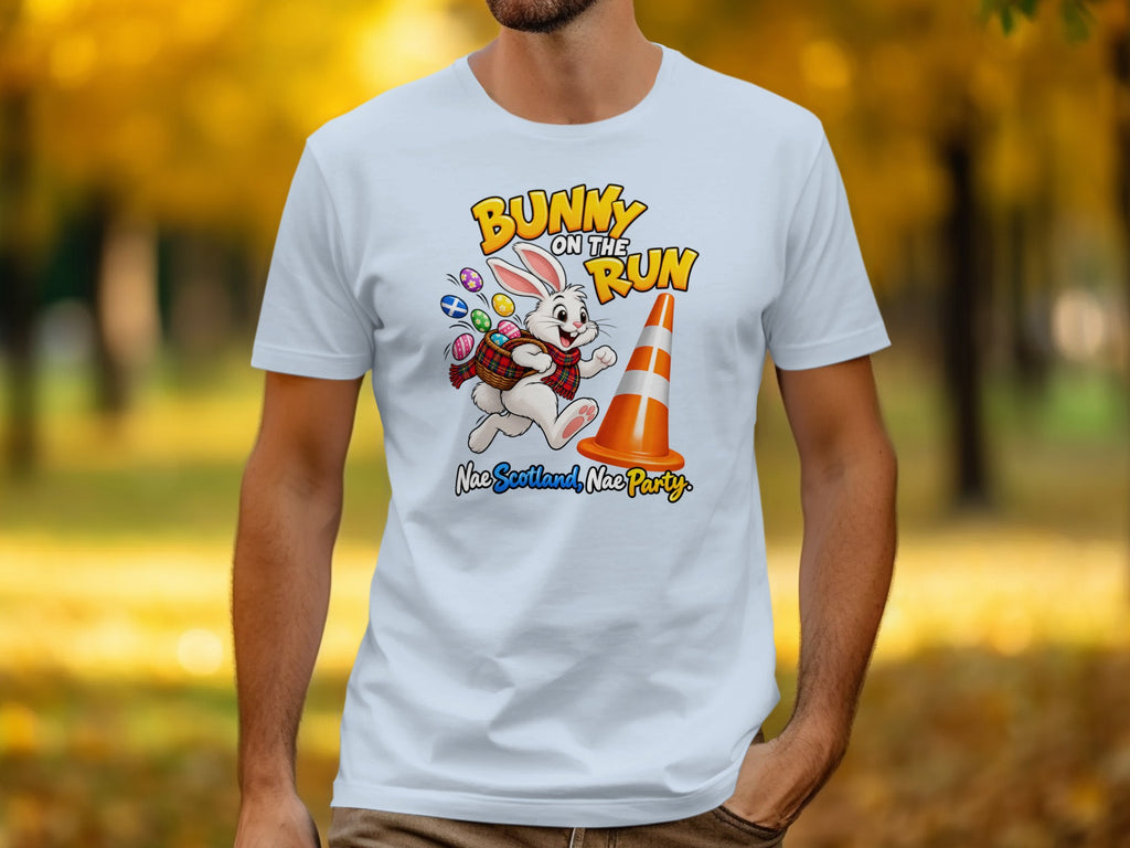 White t-shirt with "Bunny on the Run" graphic featuring a rabbit with Easter eggs and a traffic cone.