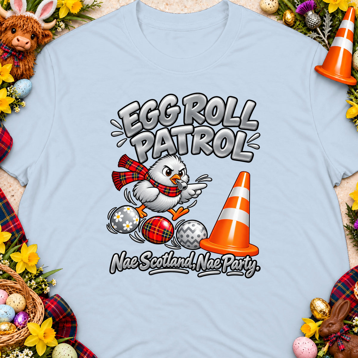 Cartoon chicken with scarf rolls Easter eggs past a cone, text "Egg Roll Patrol".