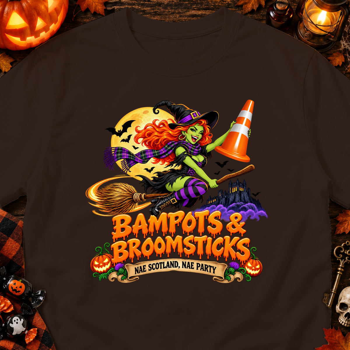 Witch with orange traffic cone on broomstick, text "Bampots & Broomsticks".