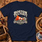 Navy t-shirt featuring graphic text Boston Tea Party with a traffic cone crashing into a teacup.