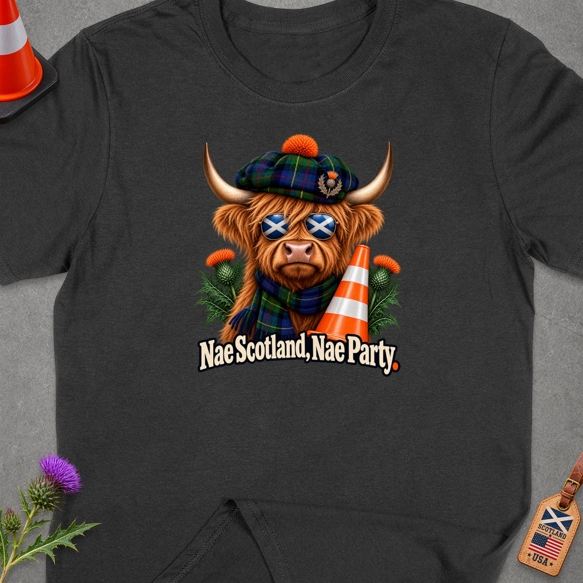 Highland cow wearing Scottish tartan hat, sunglasses, and scarf, with text "Nae Scotland, Nae Party".