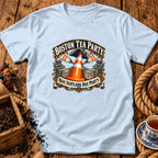 Light blue t-shirt displaying a vintage graphic with a traffic cone, oars, tea crates, and text.