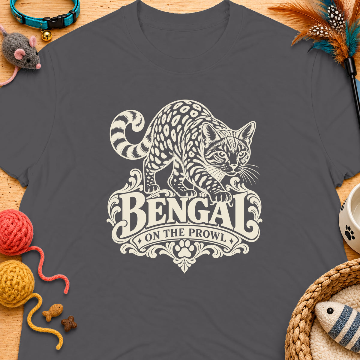 Grey t-shirt featuring a Bengal cat illustration with text "BENGAL ON THE PROWL".