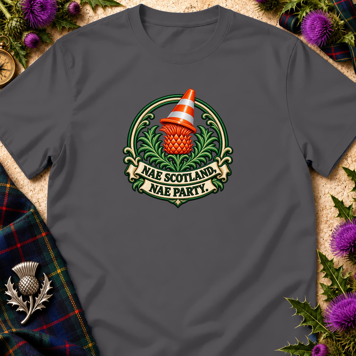 A dark grey t-shirt featuring a thistle wearing a traffic cone with the text "NAE SCOTLAND, NAE PARTY".