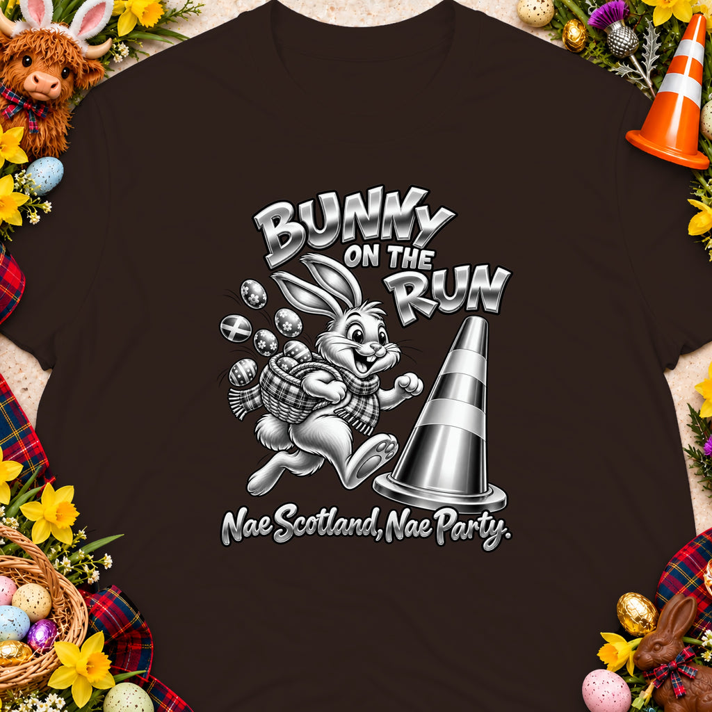 Black t-shirt with a cartoon bunny running past a traffic cone, text says "Bunny on the Run" and "Nae Scotland, Nae Party."