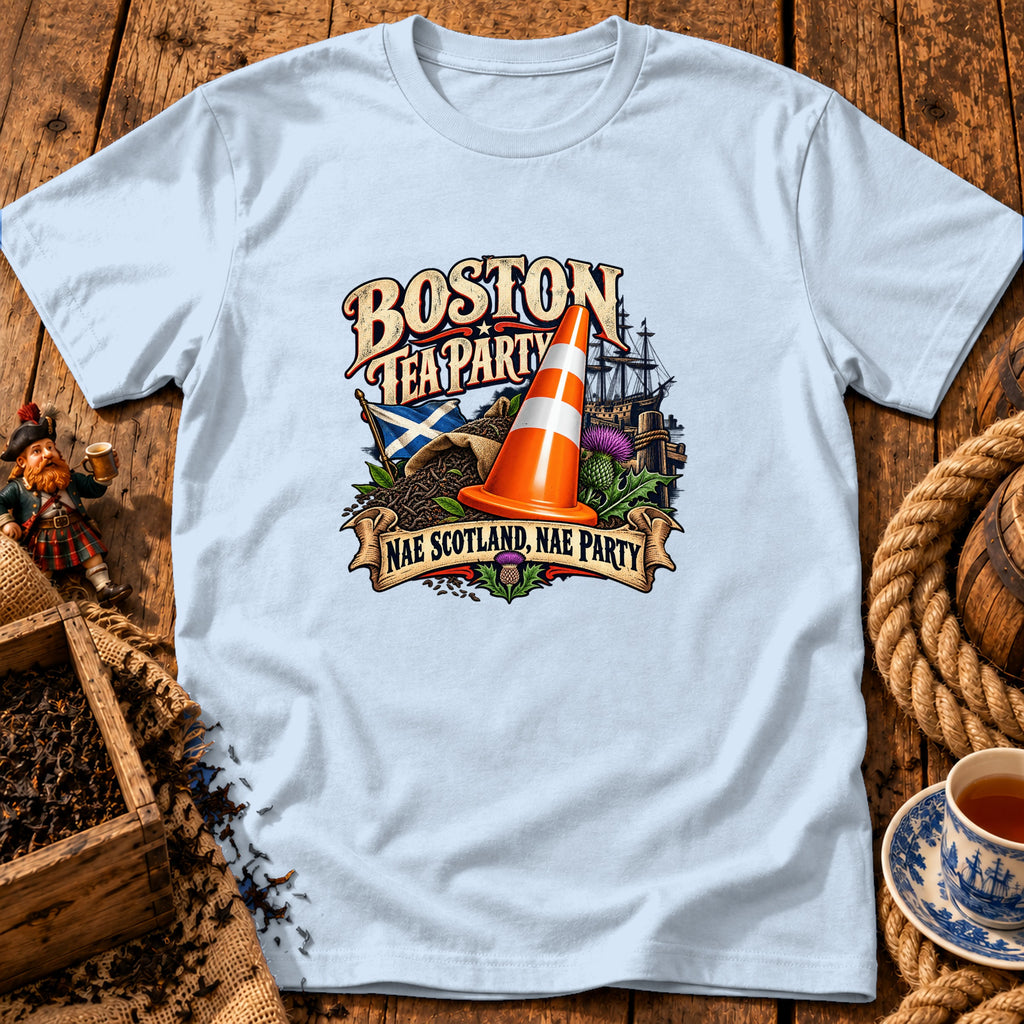 Light blue t-shirt featuring a graphic with a traffic cone, Scottish flag, and text reading Boston Tea Party Nae Scotland Nae Party.