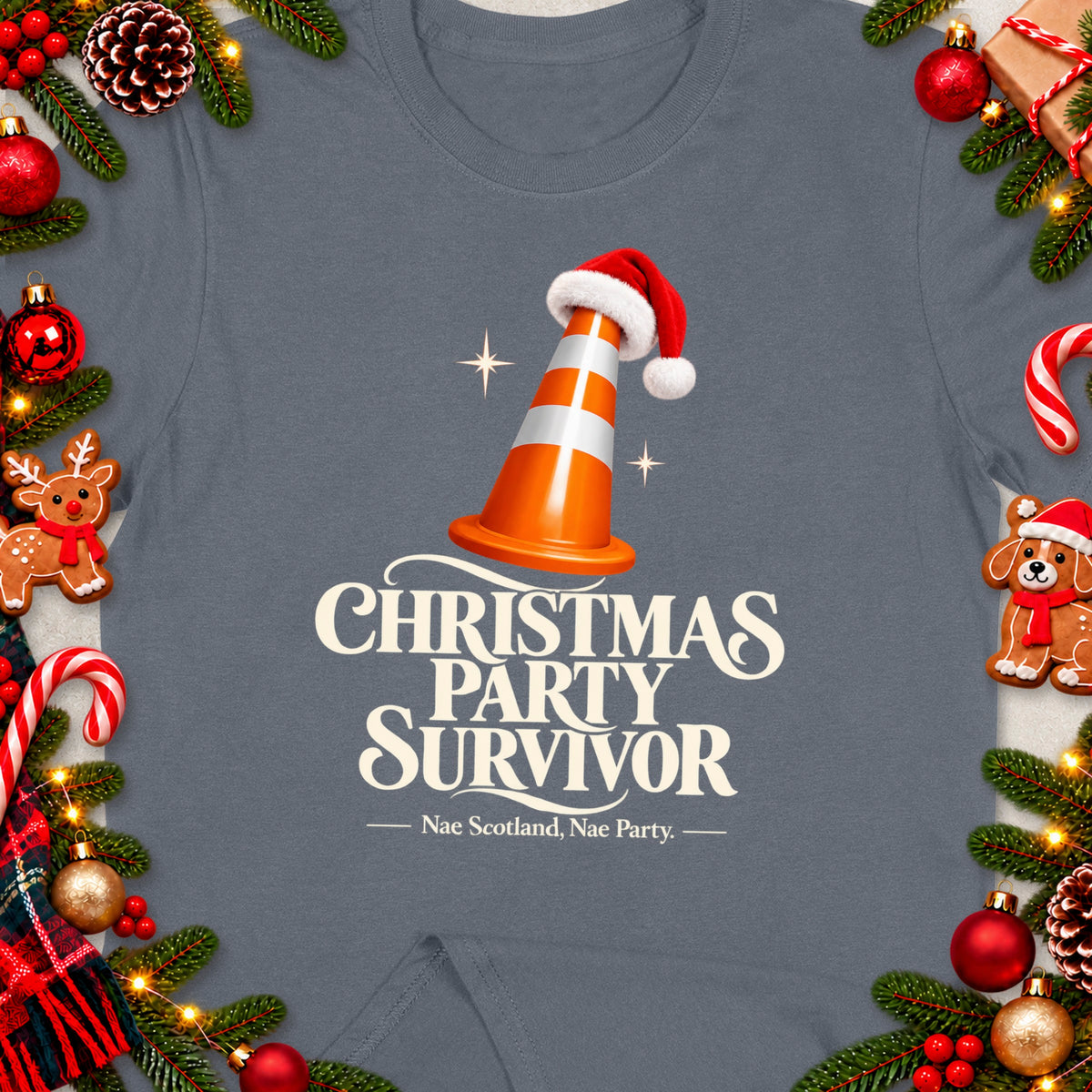Christmas Party Survivor text with a festive cone and holiday decorations.