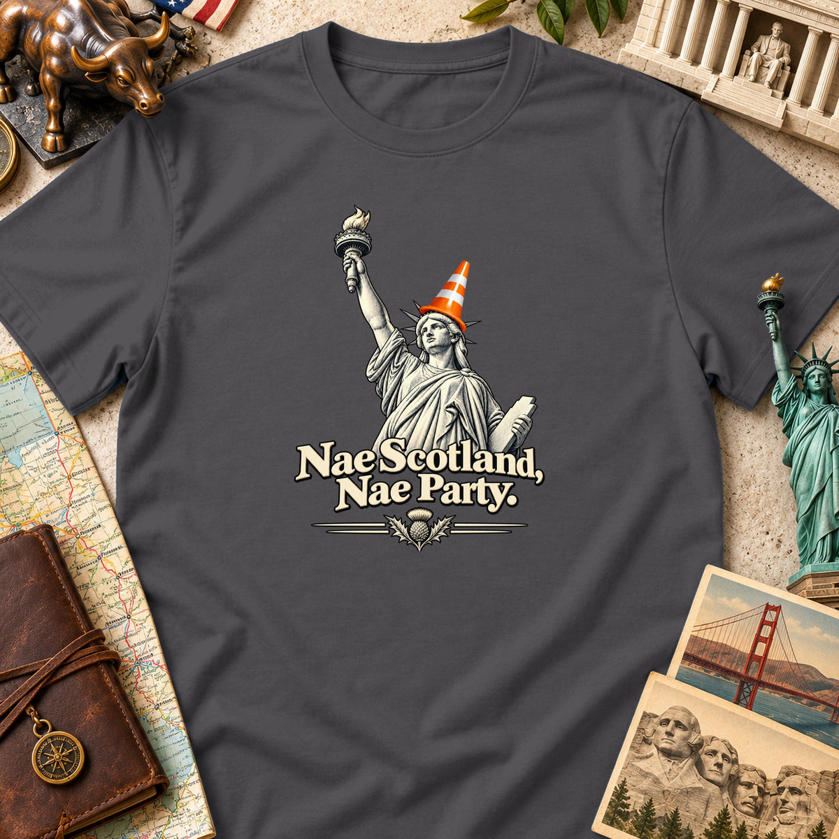 Statue of Liberty wearing a traffic cone with text "Nae Scotland, Nae Party."