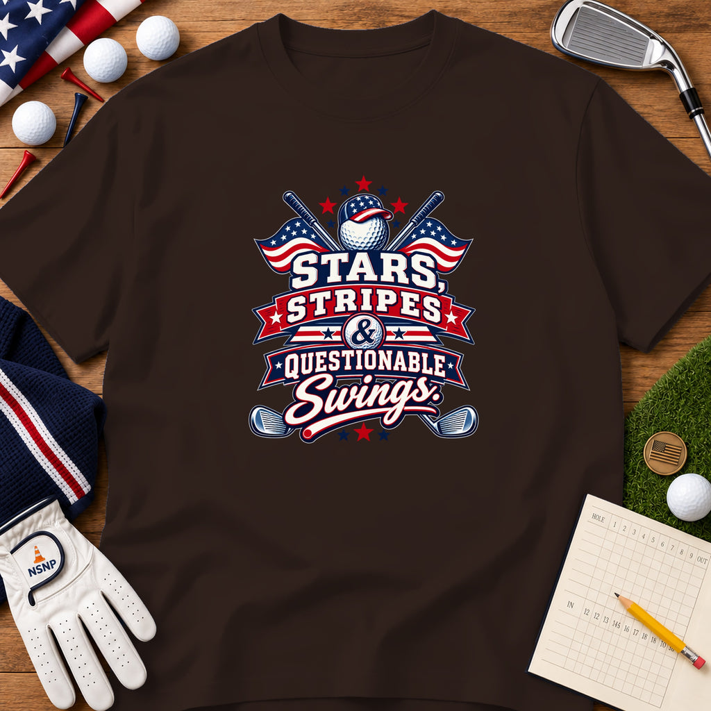 Brown short-sleeve t-shirt featuring the text Stars, Stripes & Questionable Swings with patriotic golf graphics.