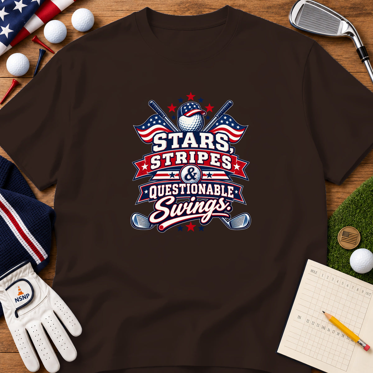Brown short-sleeve t-shirt featuring the text Stars, Stripes & Questionable Swings with patriotic golf graphics.