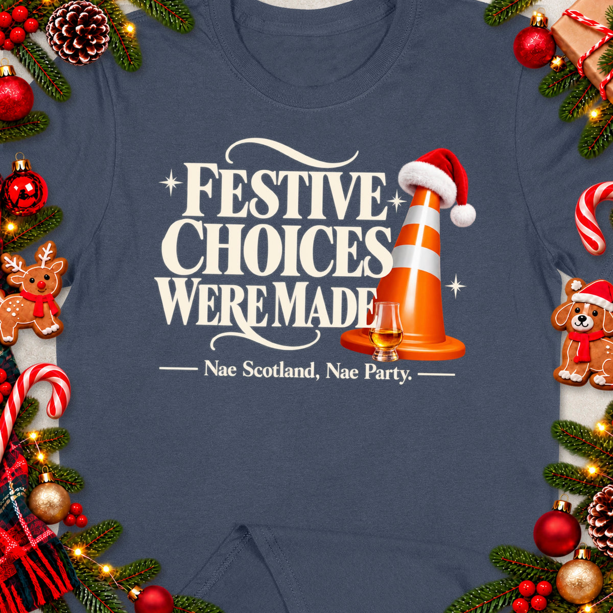 Dark blue t-shirt with "Festive Choices Were Made" and "Nae Scotland, Nae Party" text.