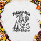 T-shirt design with bunny holding egg, chick, and traffic cone; text "Pure Egg-stra Nae Scotland, Nae Party".