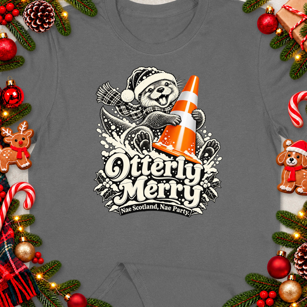 Otterly Merry design with otter holding orange traffic cone, text "Nae Scotland, Nae Party."