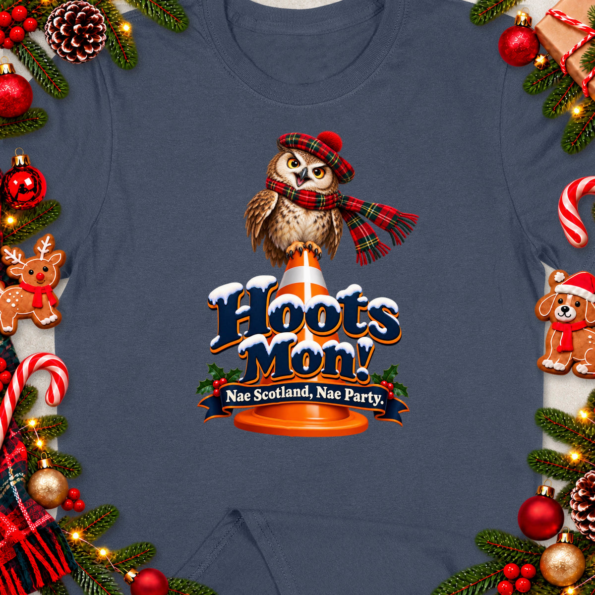 Owl in tartan hat and scarf on cone with "Hoots Mon!" text.
