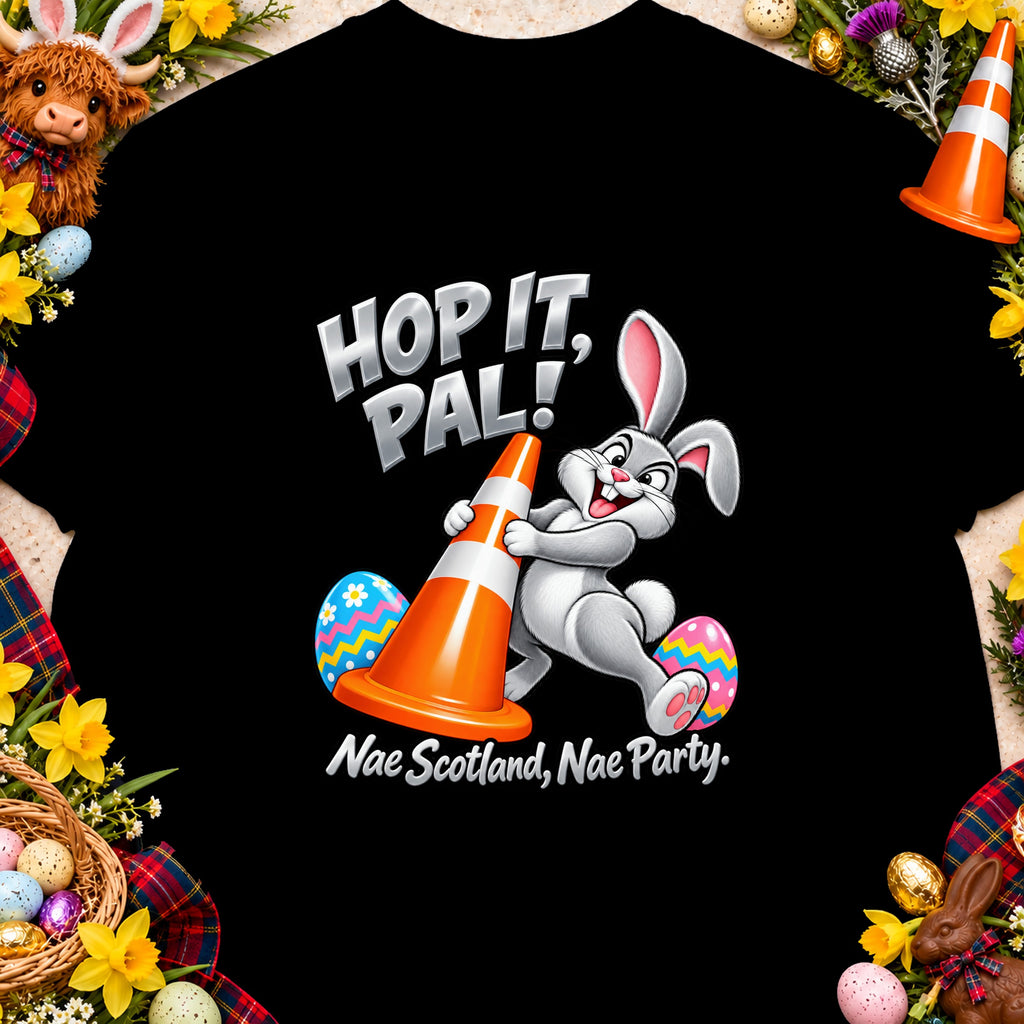 Cartoon rabbit holding a traffic cone with text "HOP IT, PAL!" and "Nae Scotland, Nae Party."