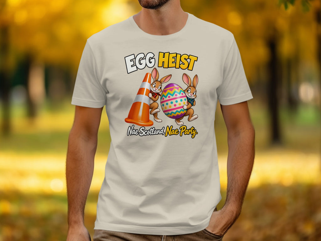 "Egg Heist" graphic with two bunnies holding a traffic cone and a colorful egg, with text "Nae Scotland, Nae Party".