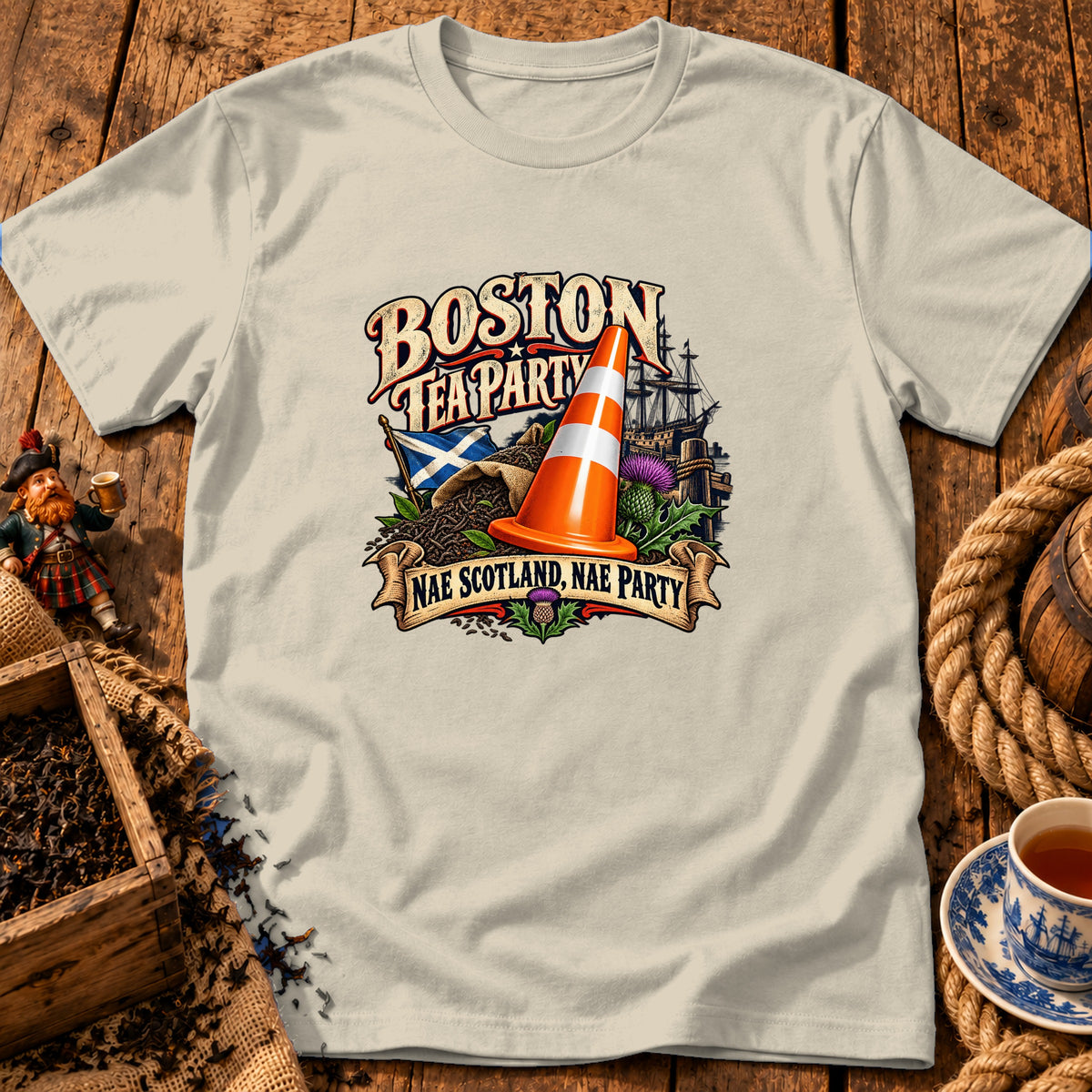 Light beige t-shirt with a Boston Tea Party design featuring a traffic cone, Scottish flag, and ship.