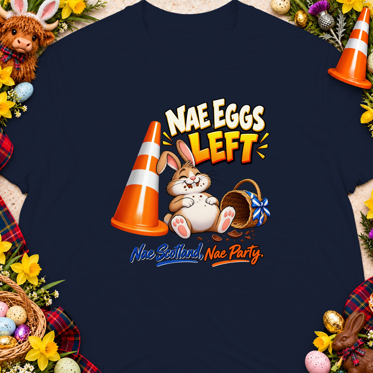 Illustration of rabbit with text "NAE EGGS LEFT" and "Nae Scotland, Nae Party".