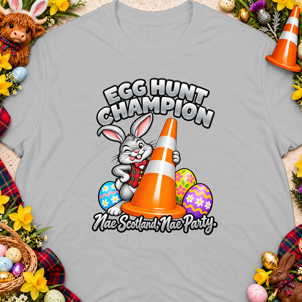 Easter bunny with traffic cone, saying "Egg Hunt Champion" and "Nae Scotland, Nae Party."