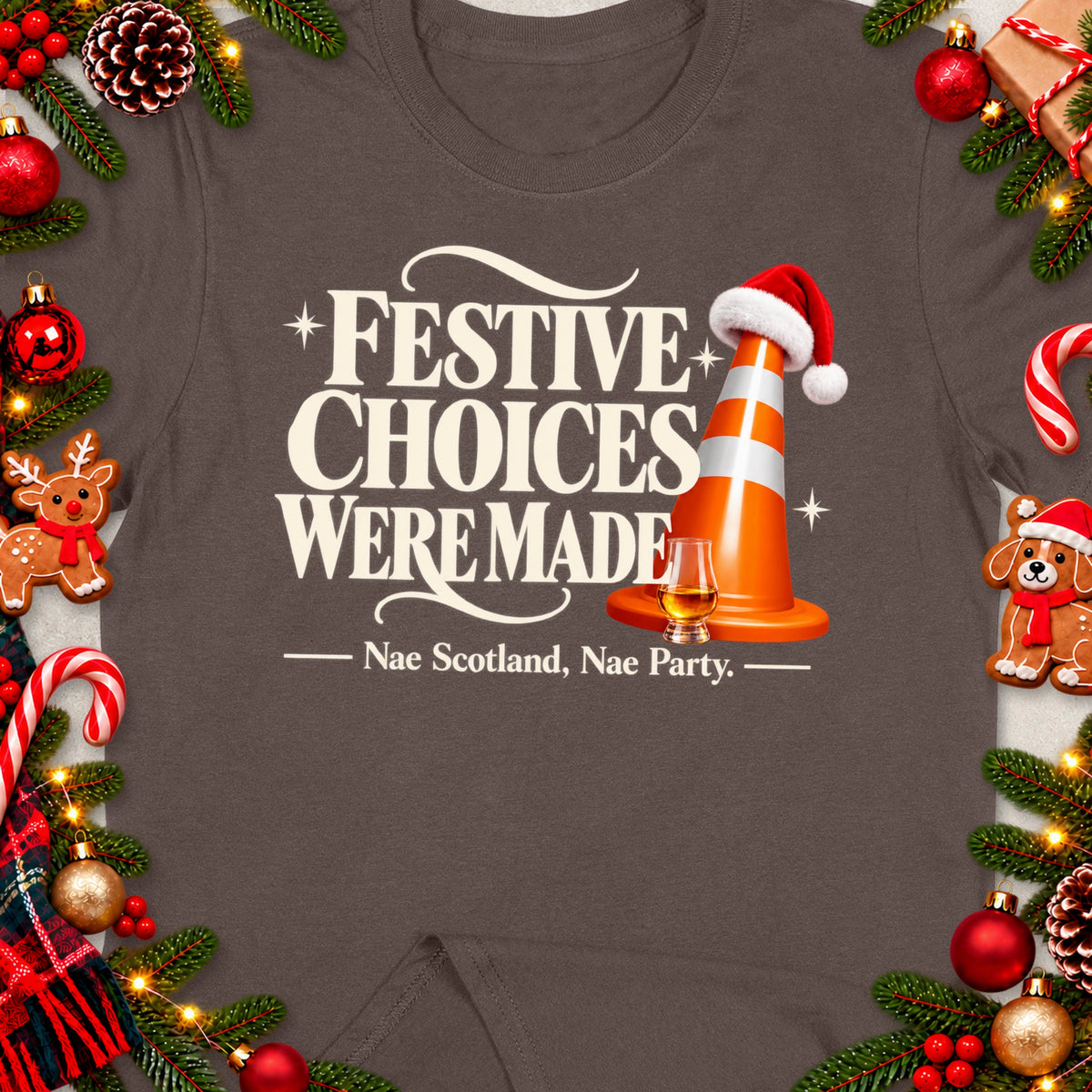 T-shirt with "Festive Choices Were Made" text, traffic cone, and whiskey glass.