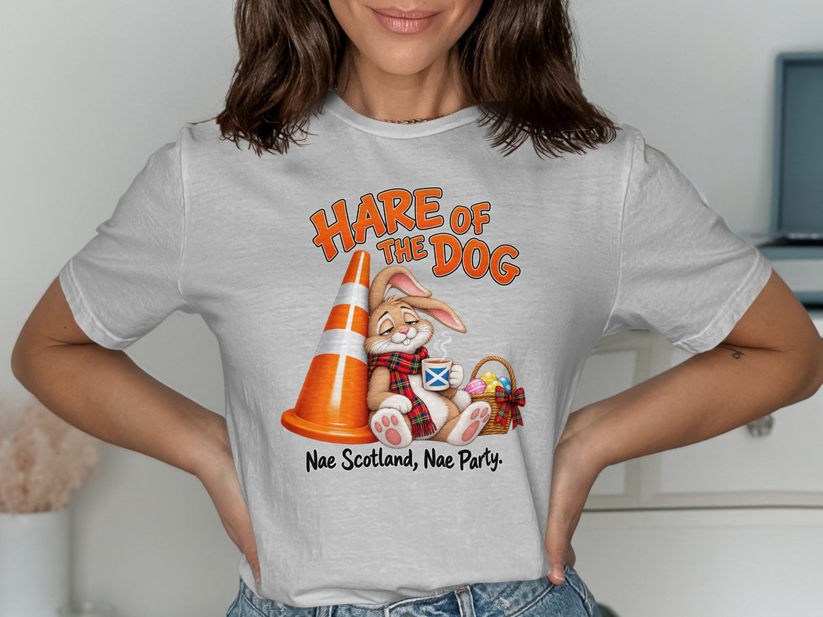 Hare of the Dog graphic with a rabbit, traffic cone, basket, and text.