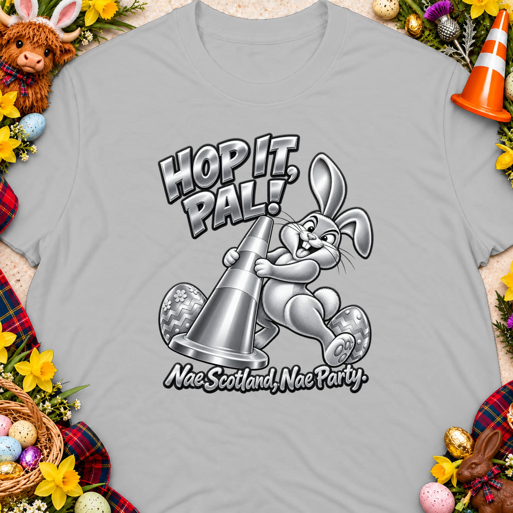 Cartoon rabbit with traffic cone and Easter eggs, text "Hop It, Pal! Nae Scotland, Nae Party."