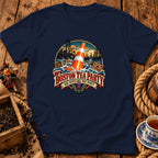 Navy blue t-shirt featuring a graphic with a traffic cone amidst floating tea crates and text reading Boston Tea Party Nae Scotland Nae Party.