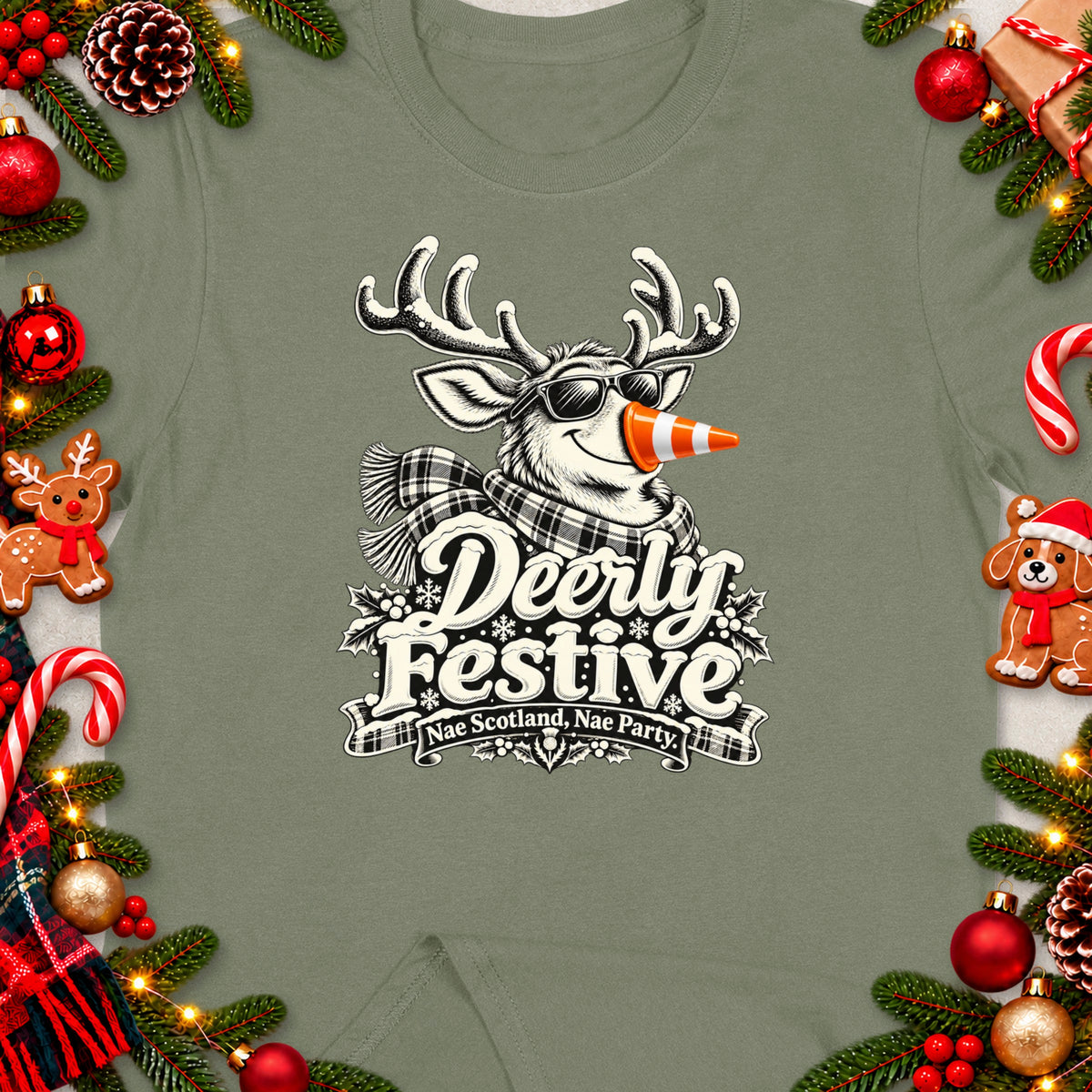T-shirt with a vintage illustration of a deer wearing sunglasses and a traffic cone nose.