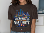 Brown t-shirt with Dallas skyline and text "Nae Scotland Nae Party".