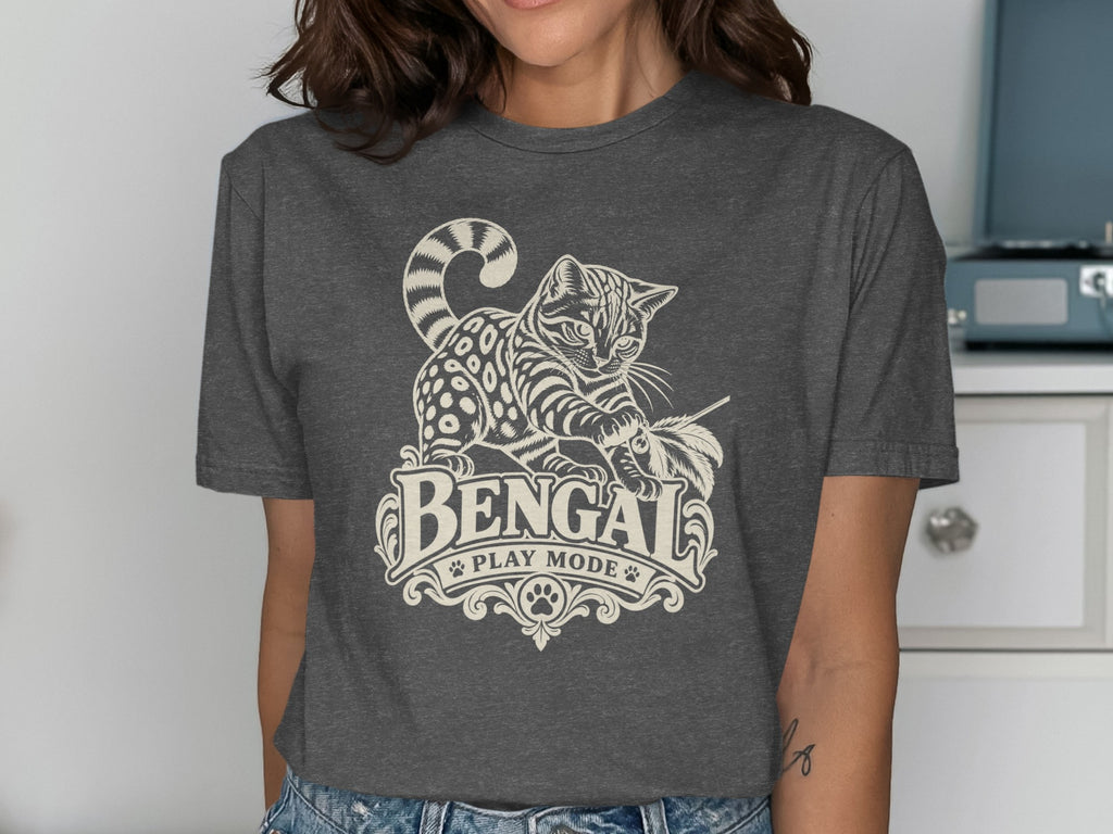 Bengal cat playing with a feather, text reads "Bengal Play Mode."