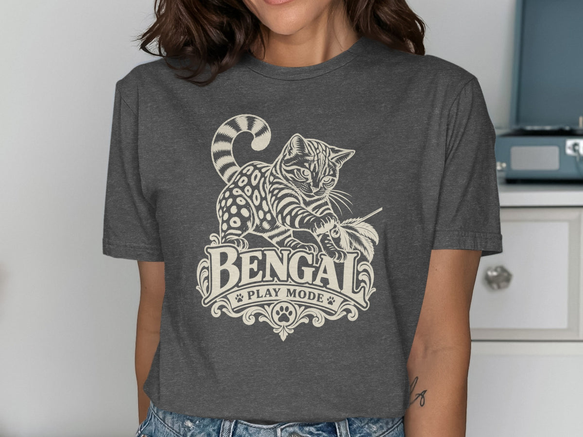Bengal cat playing with a feather, text reads "Bengal Play Mode."