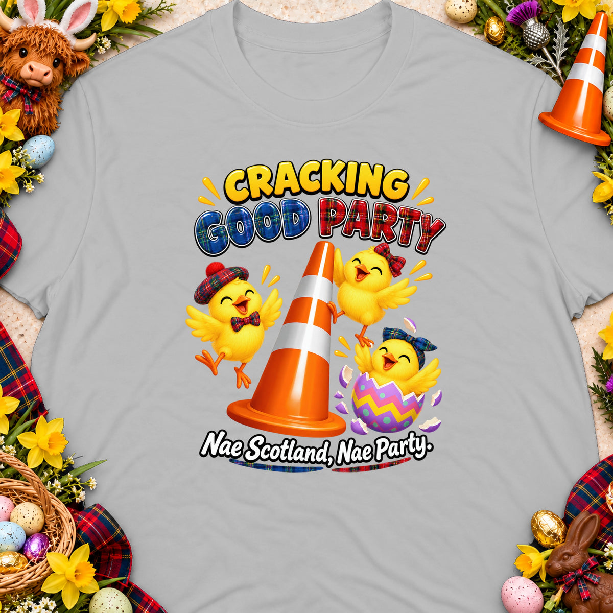 Three chicks celebrate with a traffic cone, text reads "Cracking Good Party" and "Nae Scotland, Nae Party."