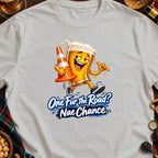 Cartoon beer glass holding traffic cone with text "One Fur the Road? Nae Chance."