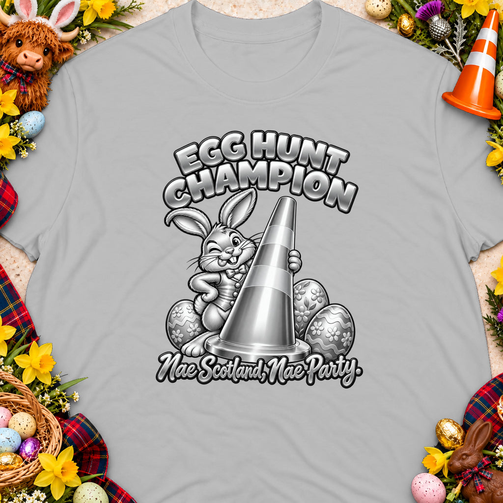 Bunny holding cone with "Egg Hunt Champion" and "Nae Scotland, Nae Party."