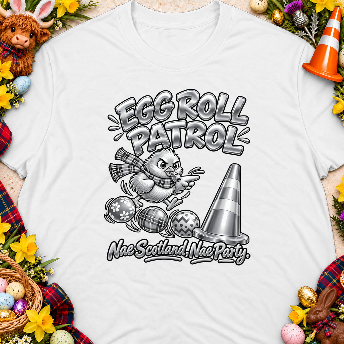 T-shirt with chick graphic, "Egg Roll Patrol," and "Nae Scotland, Nae Party" text.