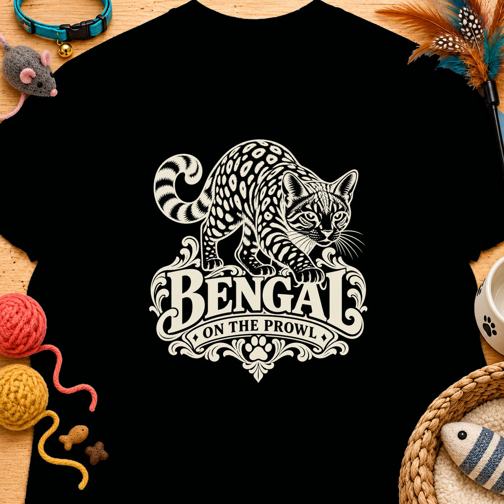 Black t-shirt with "Bengal On The Prowl" text and a stylized Bengal cat graphic.