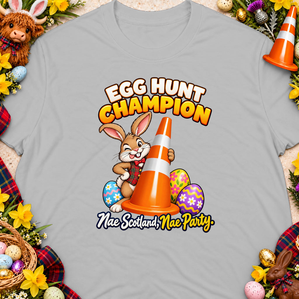 Cartoon rabbit with traffic cone and Easter eggs, text "Egg Hunt Champion" and "Nae Scotland, Nae Party".