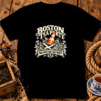 A black t-shirt features a graphic with text reading Boston Tea Party and Nae Scotland, Nae Party.