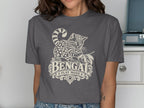 Bengal cat "Play Mode" graphic with text and paw print on a charcoal t-shirt.