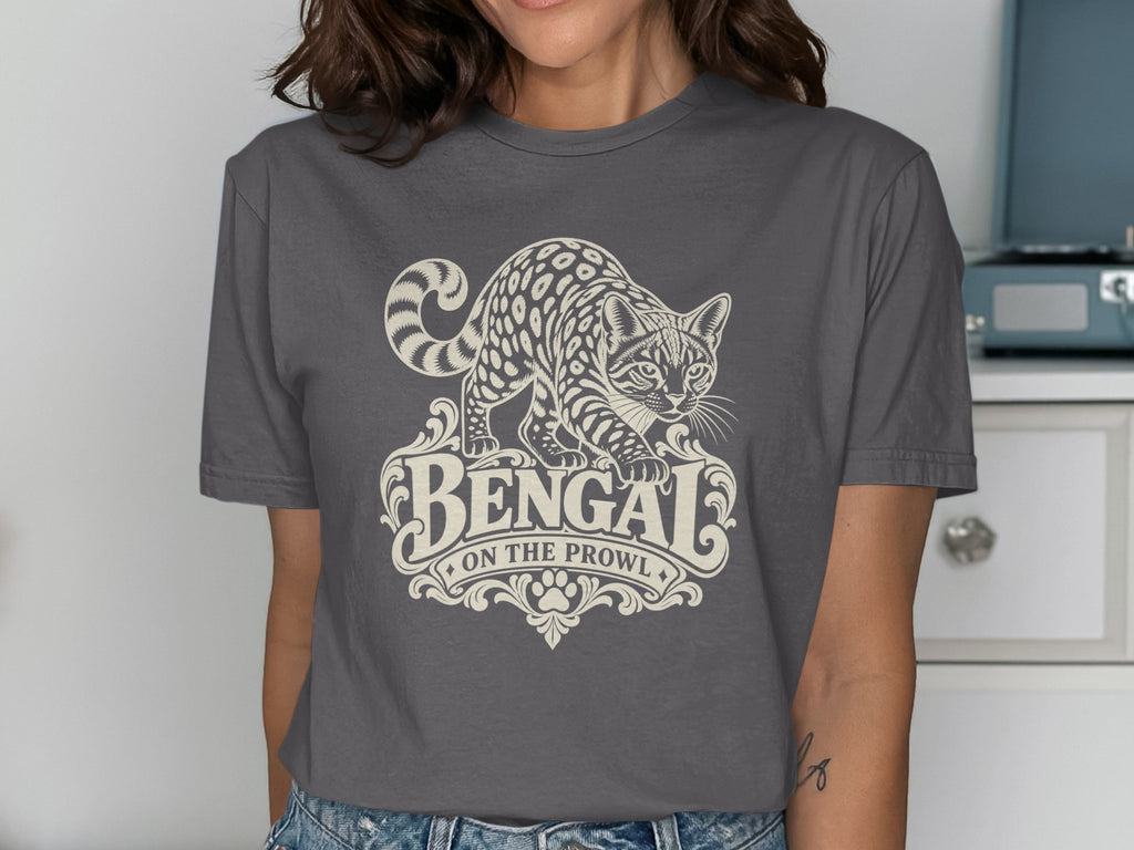 Grey t-shirt with a Bengal cat graphic and text "Bengal On The Prowl".