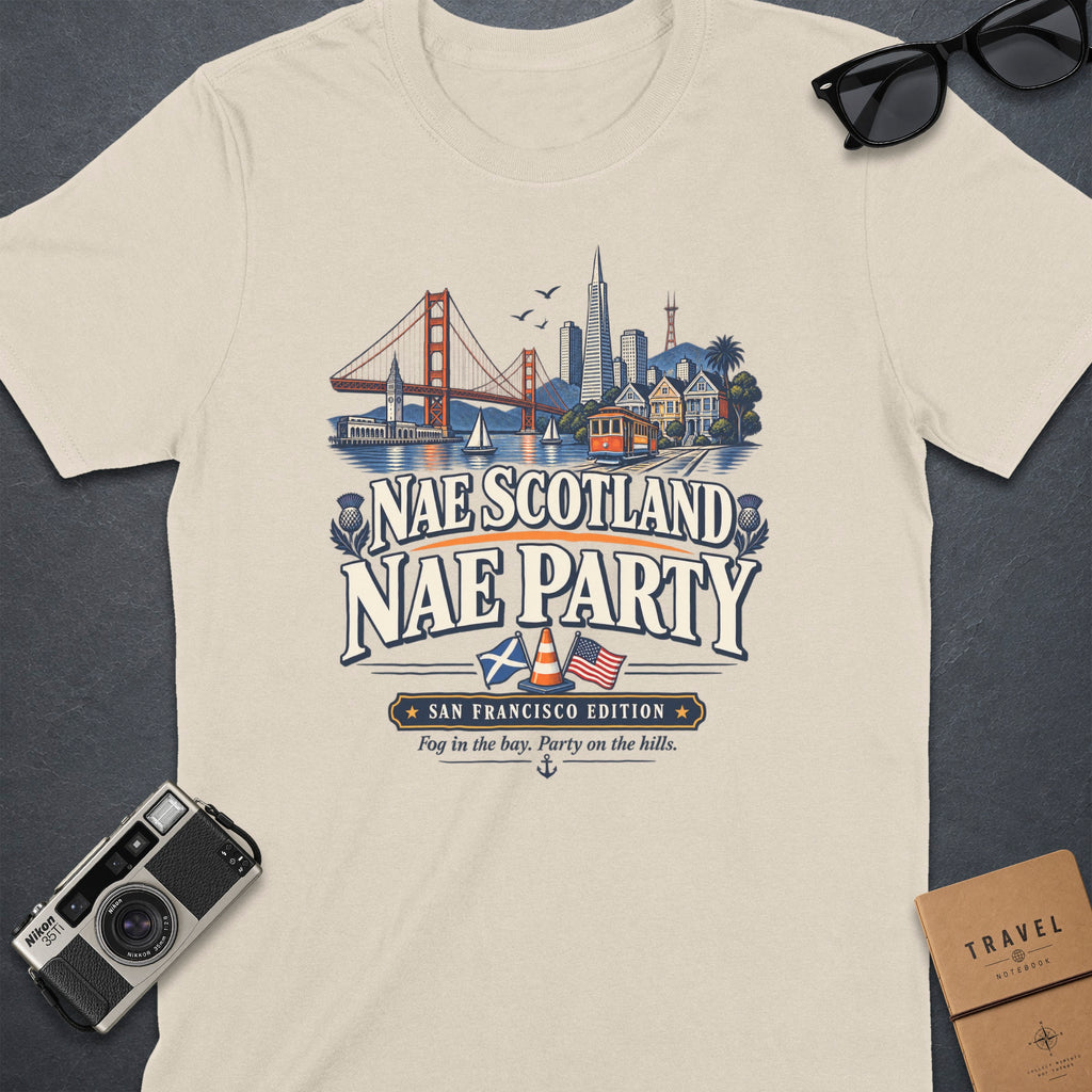 T-shirt with San Francisco skyline graphic and "Nae Scotland Nae Party" text.