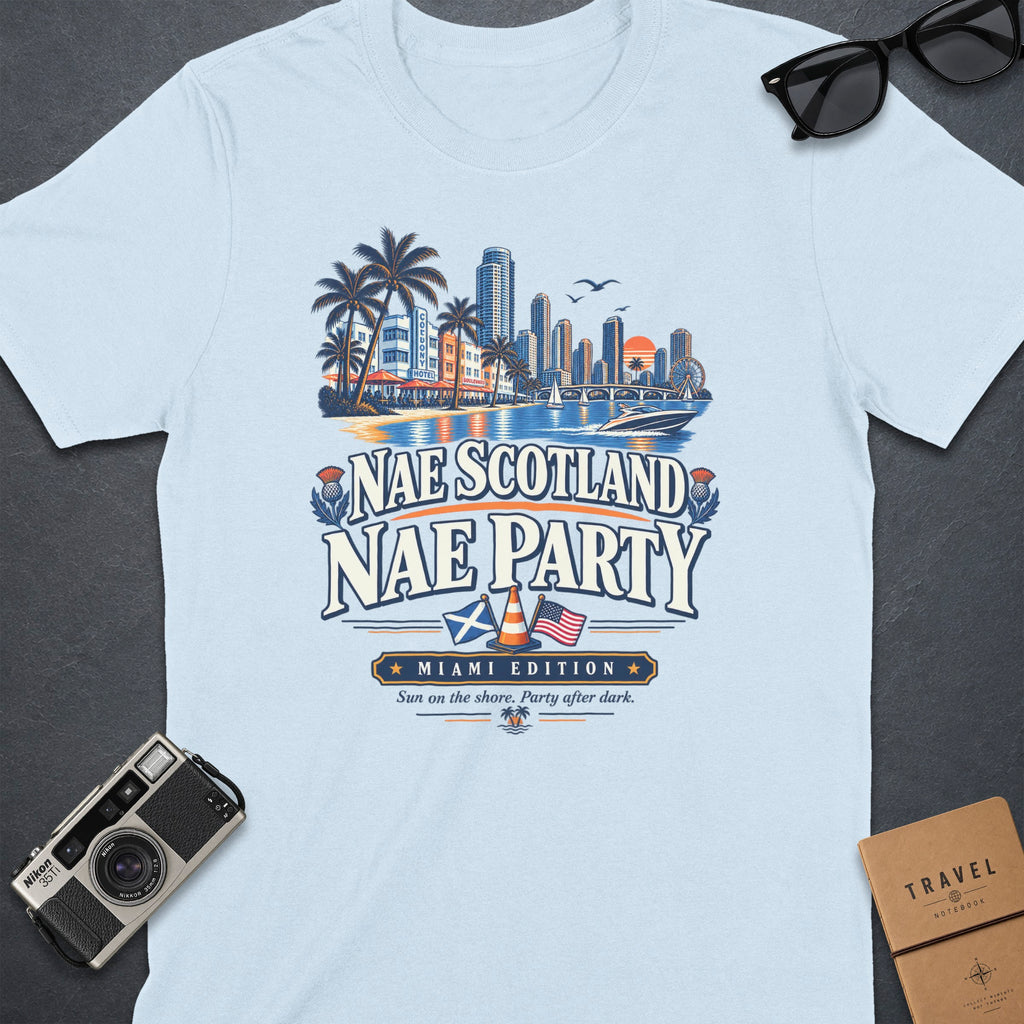 Light blue t-shirt with "Nae Scotland Nae Party Miami Edition" graphic.