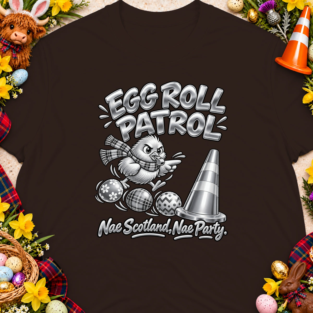Cartoon chick with scarf, eggs, and traffic cone, saying "Egg Roll Patrol."